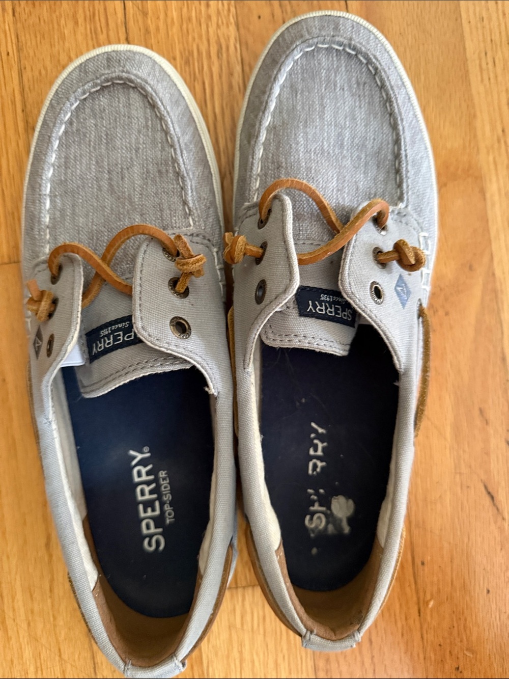 Sperry Gray Canvas Moc-Toe Boat Shoes with Tan Laces